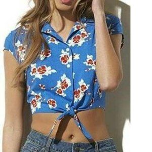 Womens Crop Top Adam Levine Blue Floral Large Short Sleeve Button Camp Tie Hem